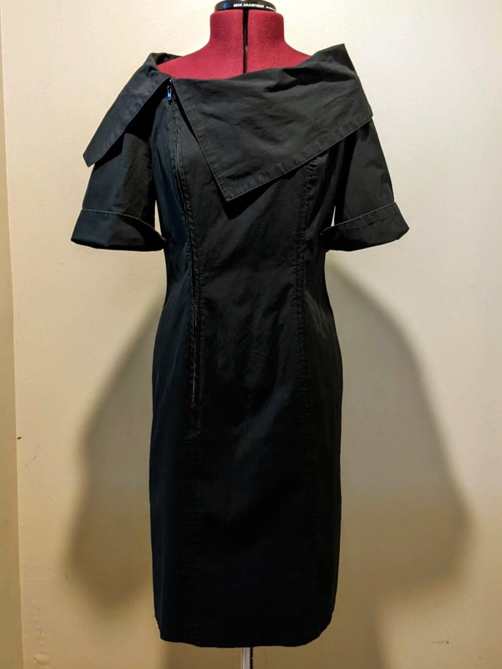 Vintage unique Black Midi Dress – Asymmetric Folded Collar – Short Slv –Size M